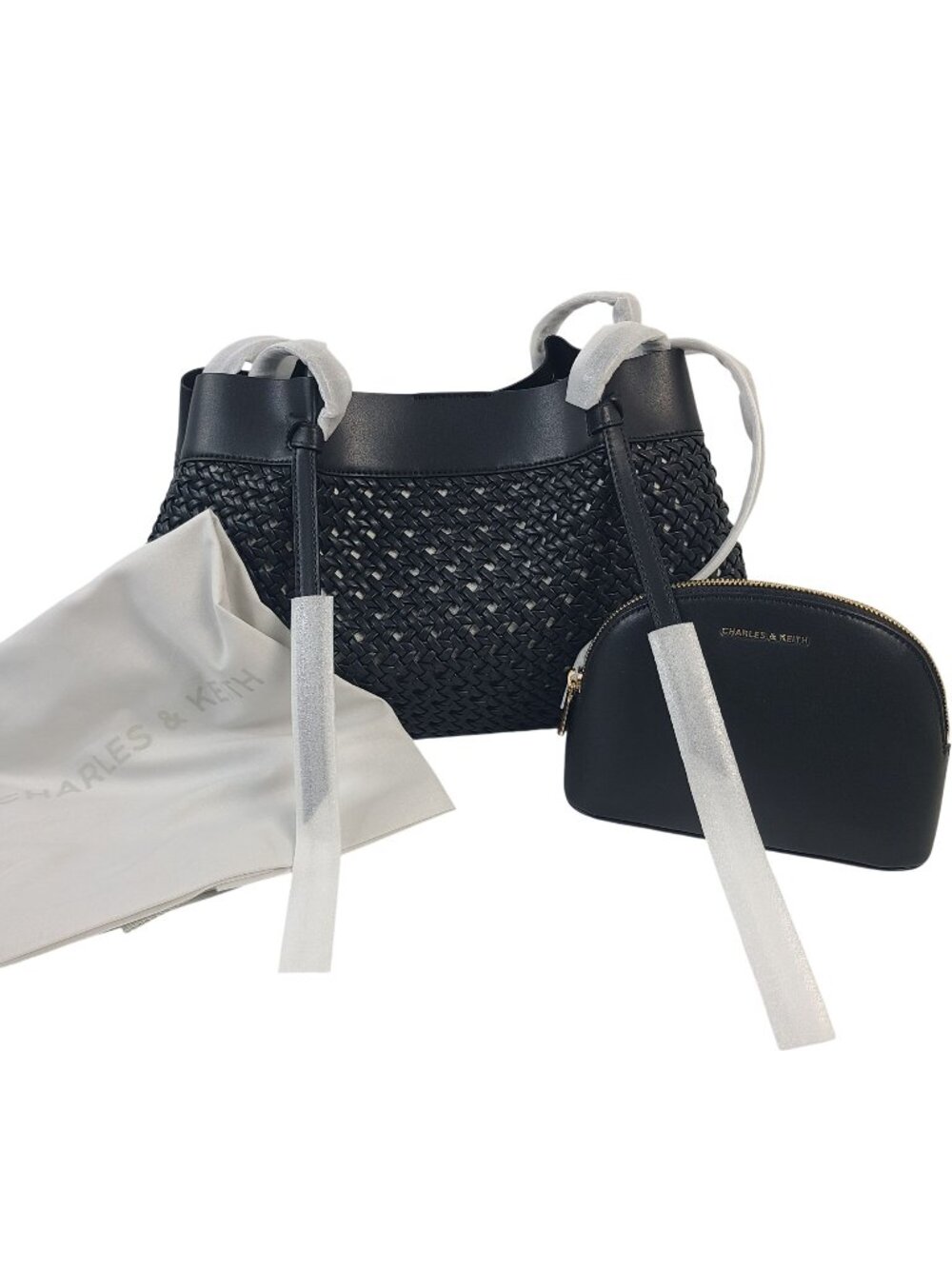 NEW Charles & Keith Black Calla Woven Tote Bag With Mini Pouch & Dust Bag Sz L